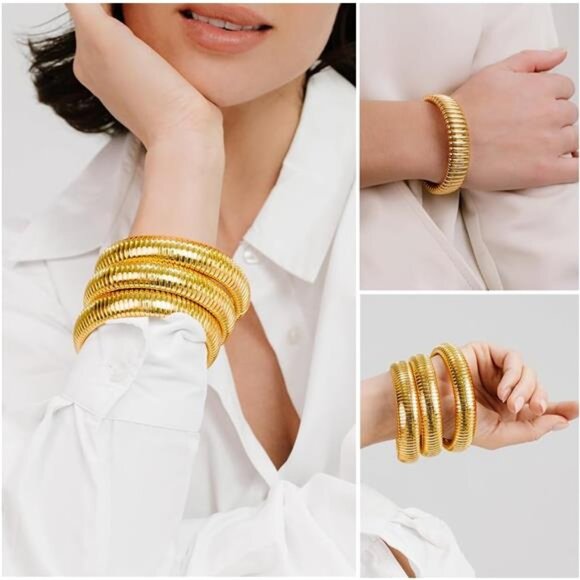 Set of 3 Gold Chunky Stretch Bangles for Women - 24K Gold Plated Bracelets - Picture 6 of 8